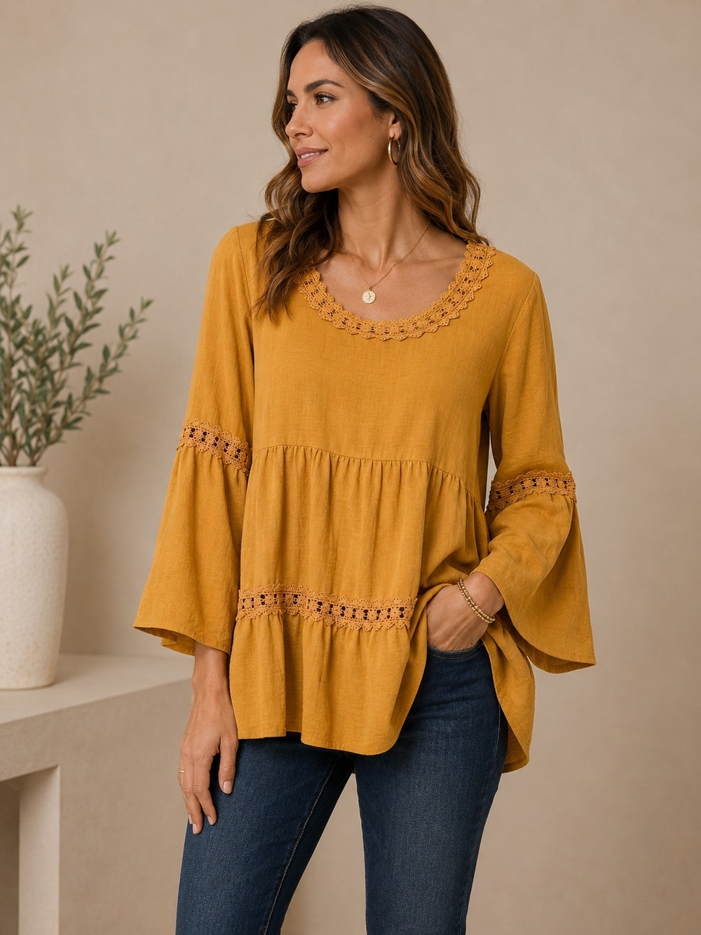 Cotton Chicks Mustard Boho Lace Bell Sleeve Tunic Top | Boutique | Size L